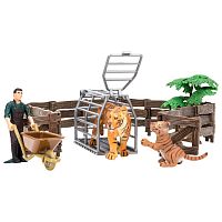 Паремо Игрушки фигурки в наборе серии "На ферме", 7 предметов (фермер, тигр и тигренок, 2 ограждения-загона					
