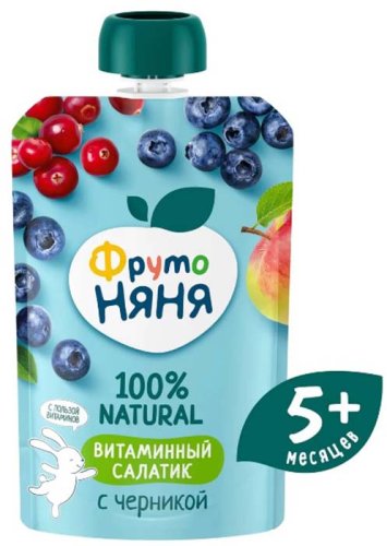 ФрутоНяня Фруктовое пюре «Витаминный салатик» с черникой, с 5 месяцев, 90 г